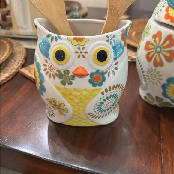 Pier 1 Colorful Owl Ceramic Utensil Holder Set and cookie jar - Picture 3 of 5
